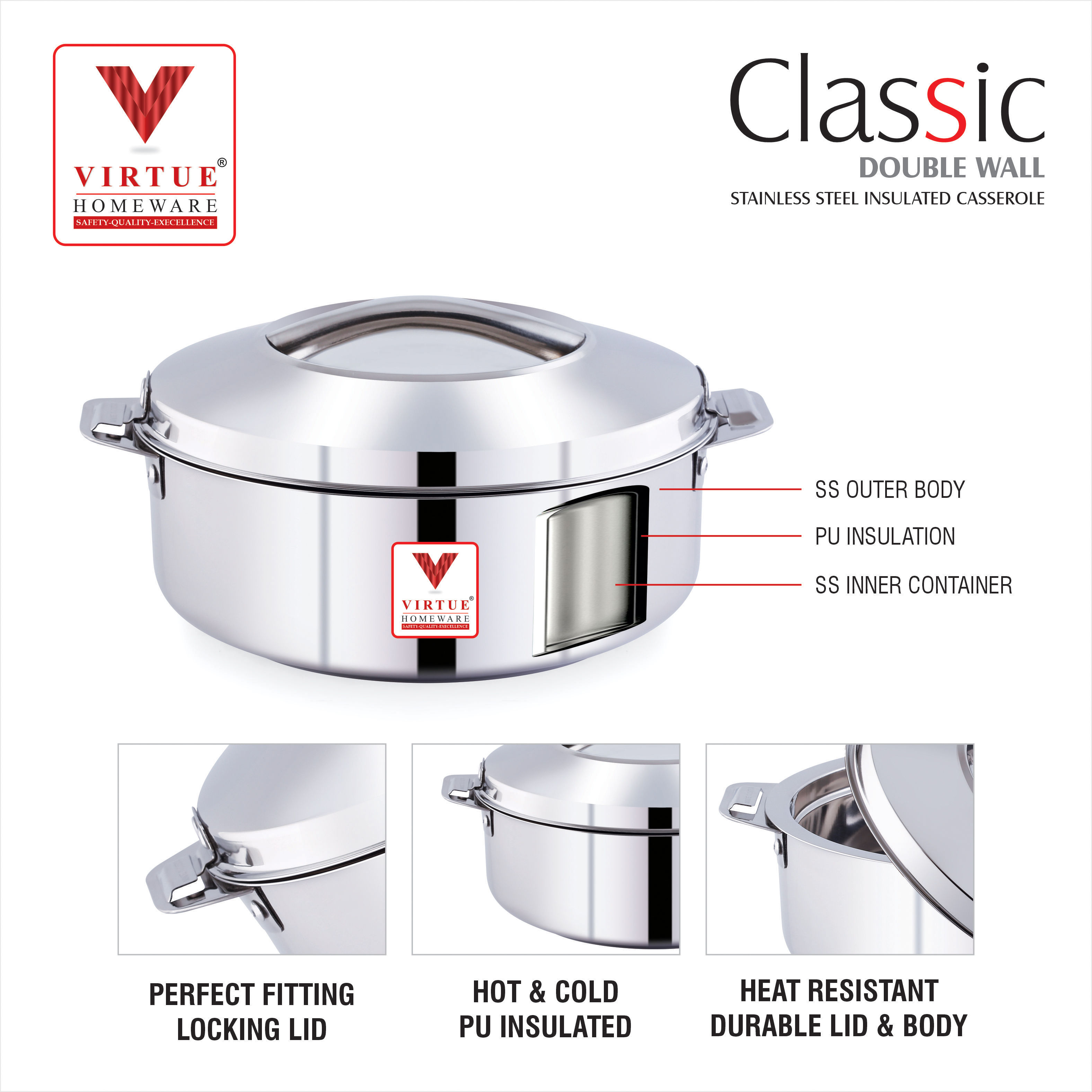 CLASSIC VIRTUE HOMEWARE ST. STEEL INSULATED CASSEROLE