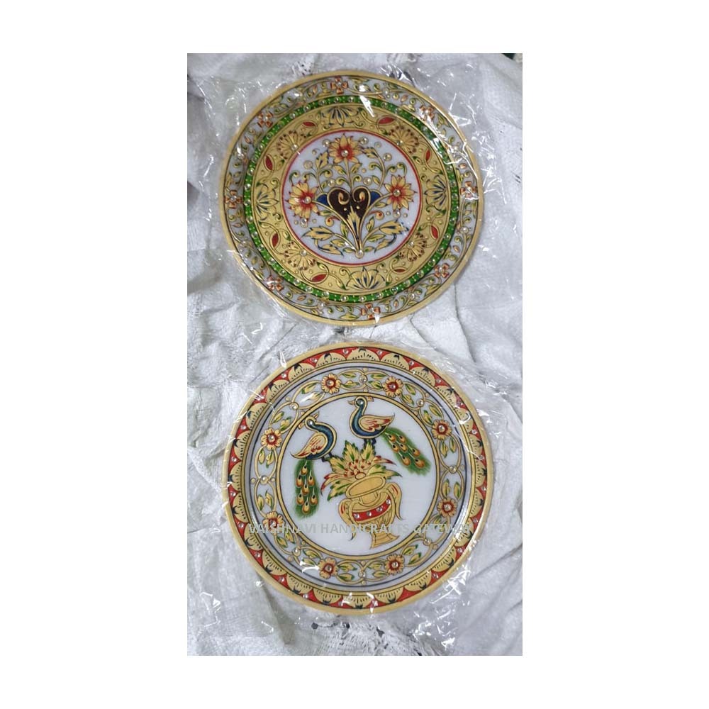 Handmade Marble Gold Rajasthani Painted Work Plate For Home Decor