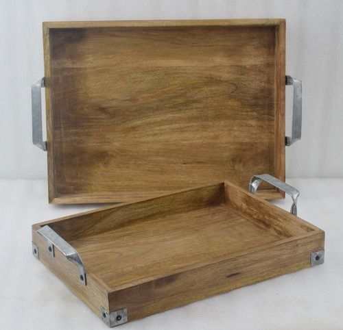 Wooden Tray With Metal Handle