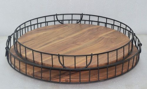 Wooden Round Tray Set With Metal Border