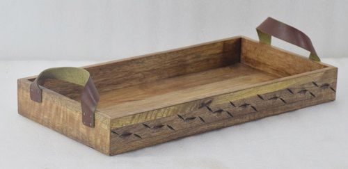 16 Inch Wooden Rectangular Tray With Leather Handle