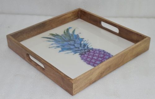 Wooden Square Tray With Pineapple Enamel Finish