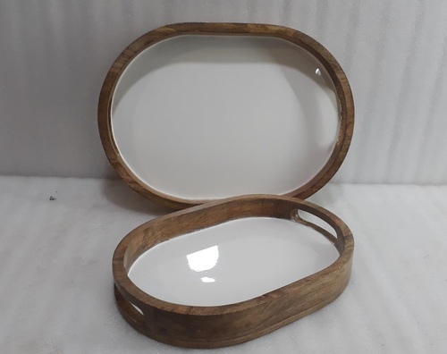 Wooden Oval Tray With White Enamel