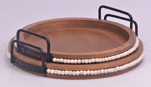 Wooden Round Tray With Beads Pedestal