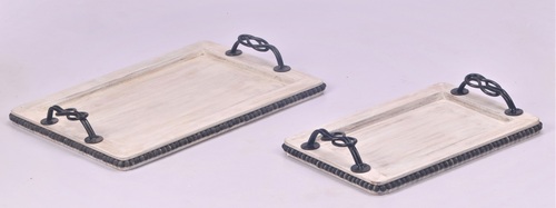 Wooden White Wash Tray Set With Metal Handle