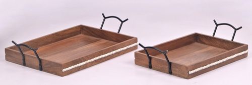 Wooden Tray Set With Metal Handle