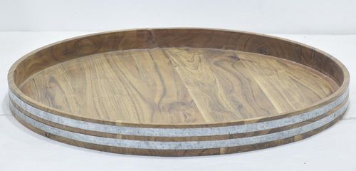 Wooden Round Tray With Metal Strip