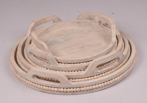 Wooden Decorative Tray With Beads Pedestal