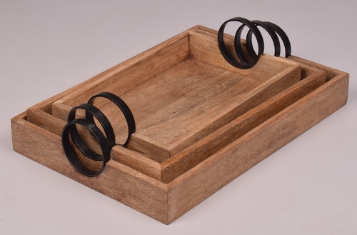 Wooden Rectangular Tray Set With Metal Coated Handle