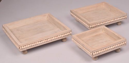 Wooden Square Tray With Beads Pedestal