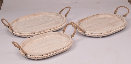Wooden Oval White Wash Tray With Jute Handle