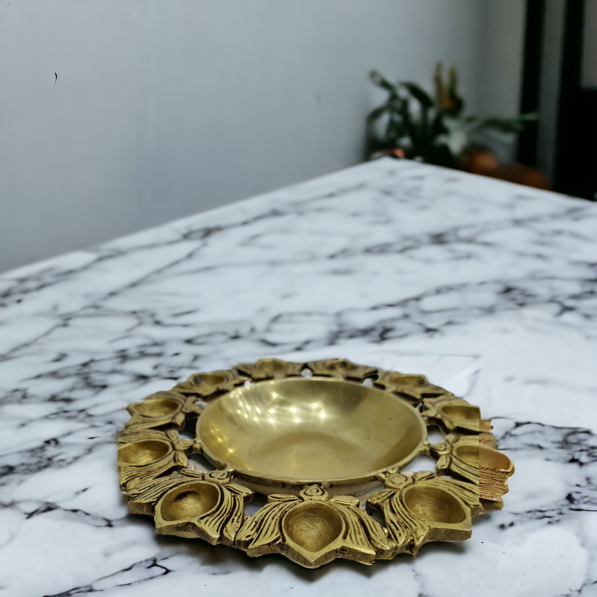 Brass Urli Bowl with Lotus diya handcrafted urli with yellow finish