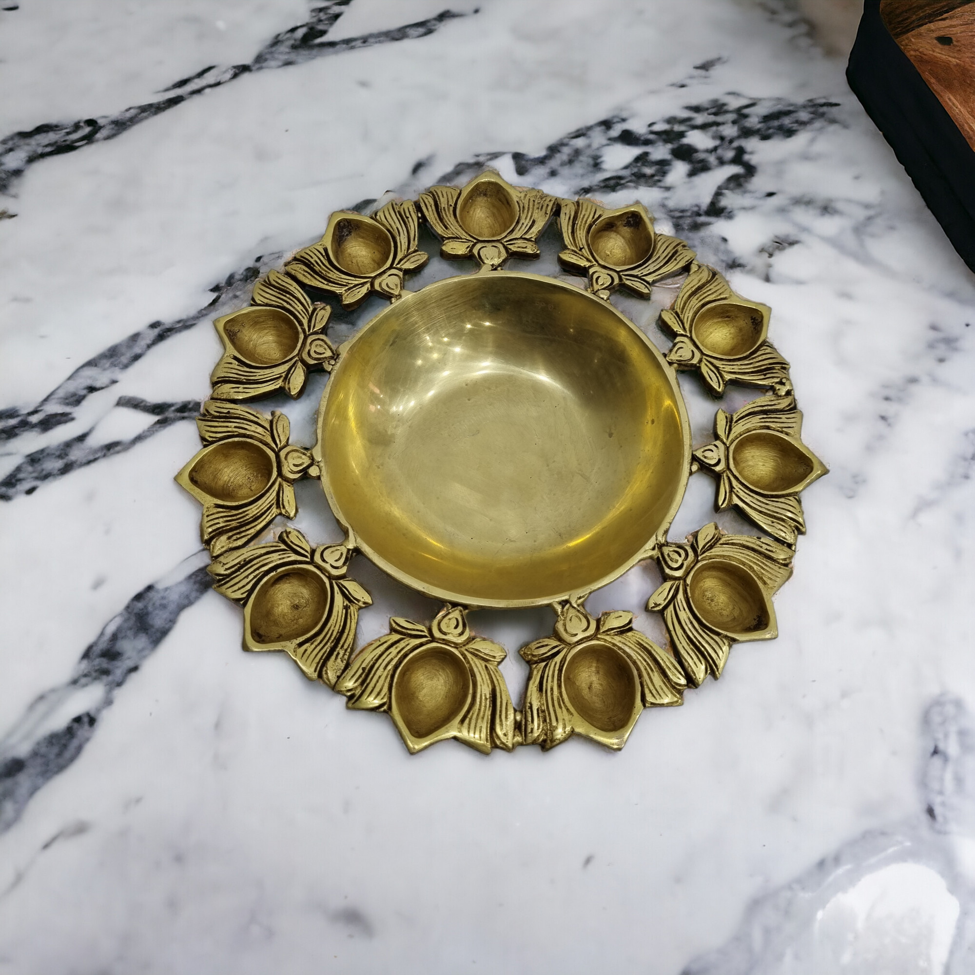 Brass Urli Bowl with Lotus diya handcrafted urli with yellow finish