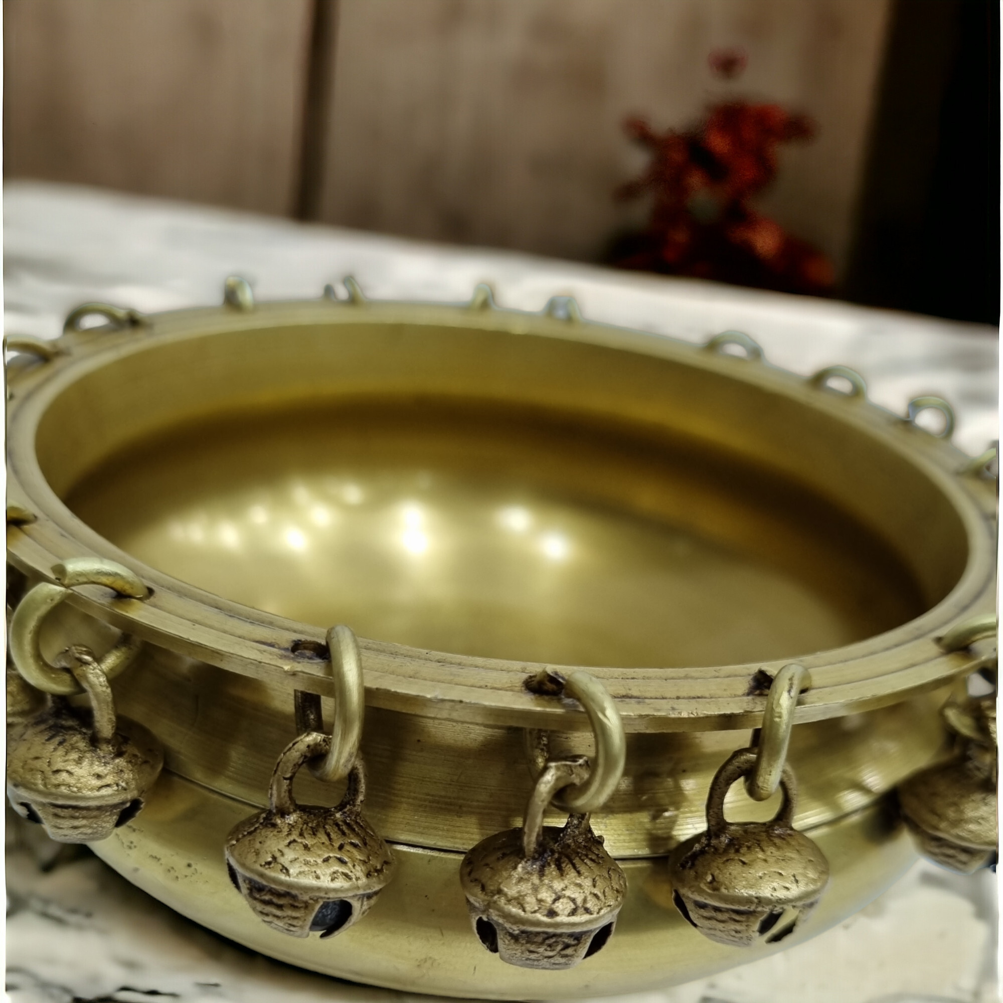 Brass Urli Traditional Bowl with Bells, Centre Table Decor, Brass Decoration Brass Statue for Corner Table, Indian Houseware Decor