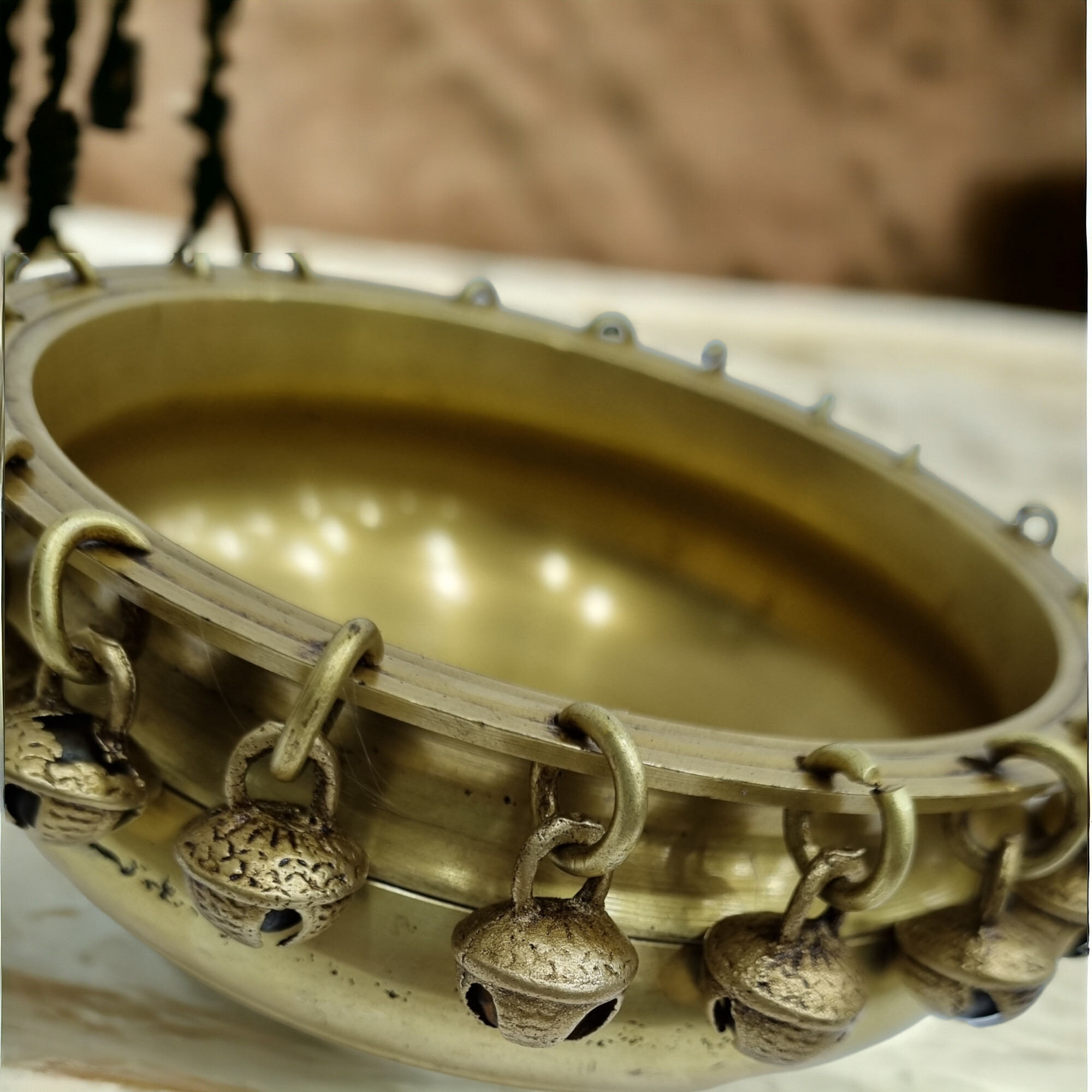 Brass Urli Traditional Bowl with Bells, Centre Table Decor, Brass Decoration Brass Statue for Corner Table, Indian Houseware Decor