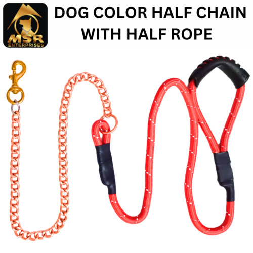 DOG COLOR HALF LEAD CHAIN / BRASS HOOK WITH REFLECTIVE HALF ROPE (NYLON)