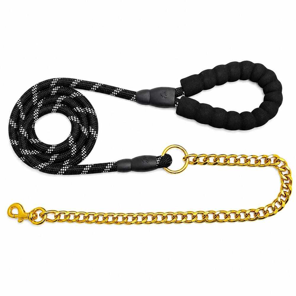 DOG COLOR HALF LEAD CHAIN / BRASS HOOK WITH REFLECTIVE HALF ROPE (NYLON) - Nylon Material, Sizes 6/9/12/15/18/22, Multi-Color, High Quality