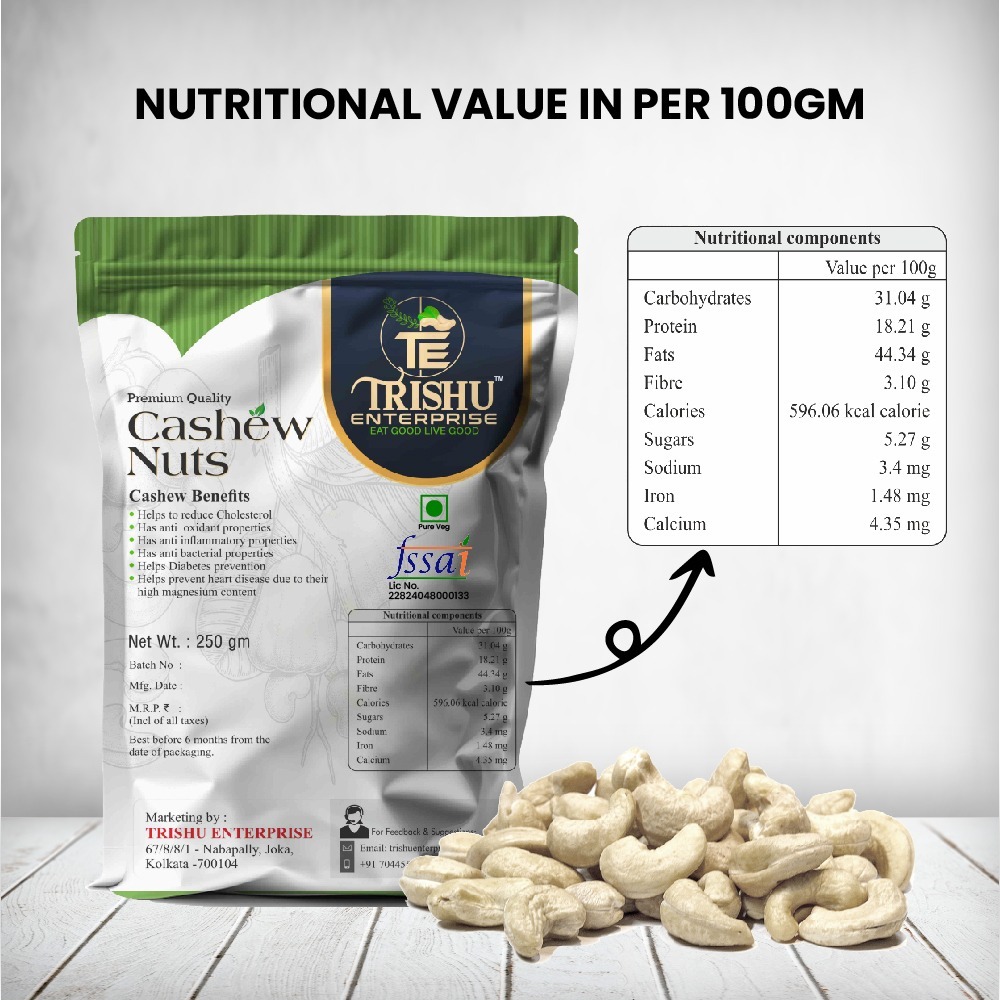 TRISHU 100% Natural Premium Whole Cashew|250 gm Premium Pack |