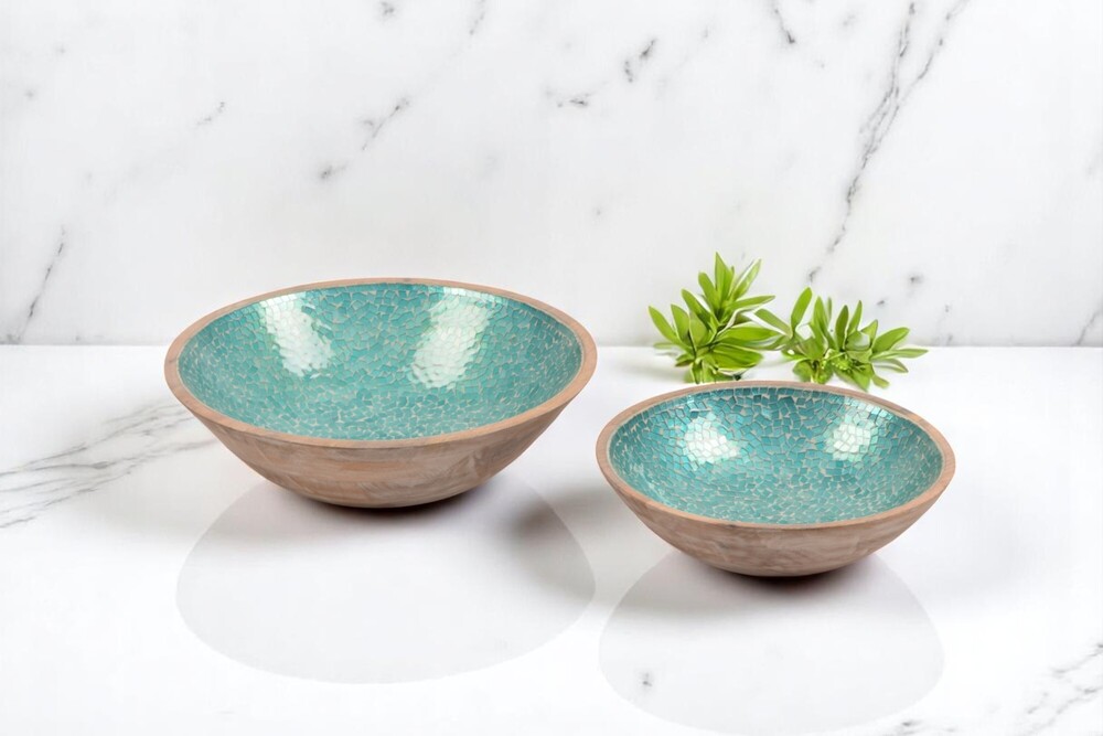 Decorative Enamel Wooden Bowl with Mosaic Design â Set of 2