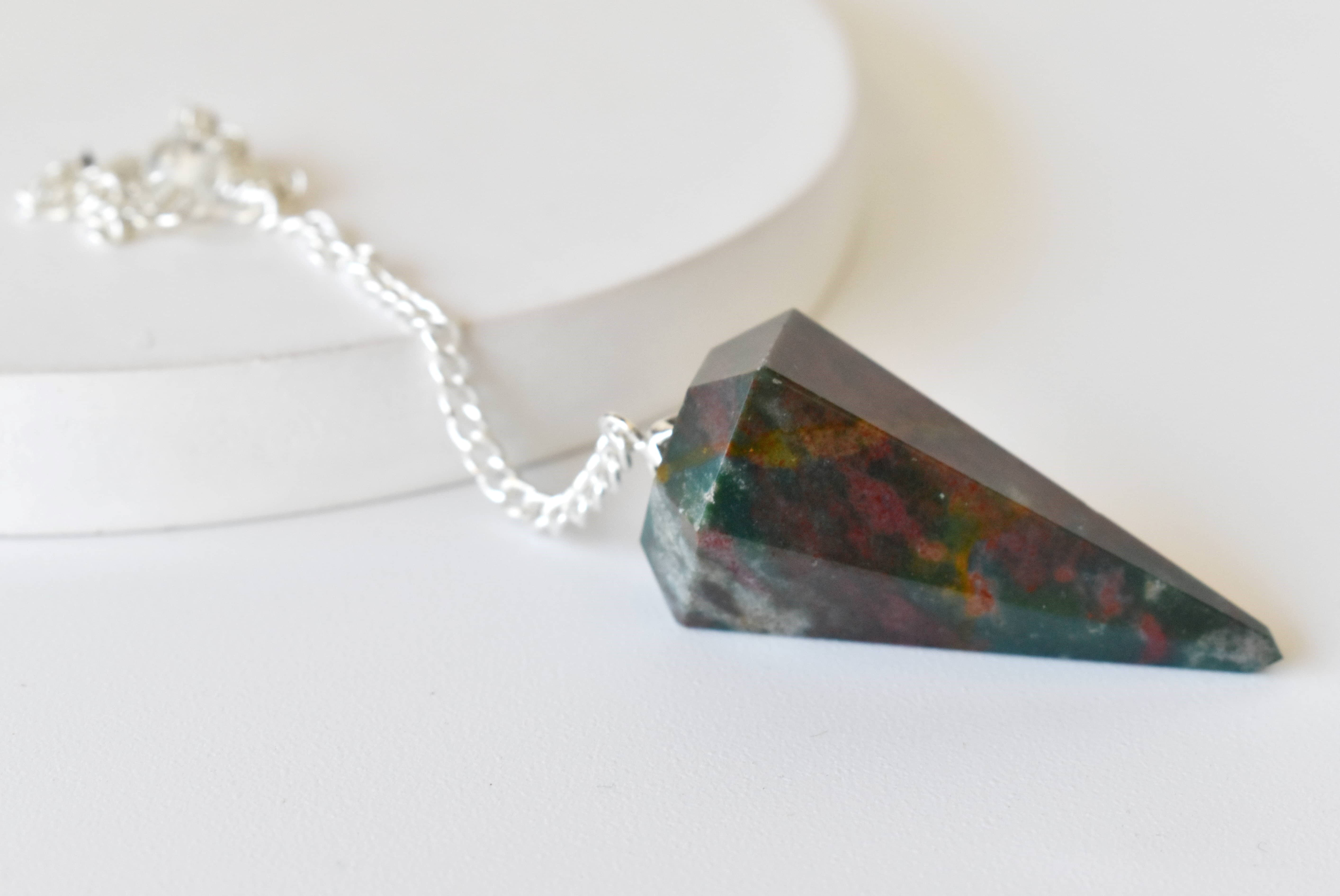 Bloodstone Faceted Cone Reiki Pendulum, Crystal Healing Gemstone