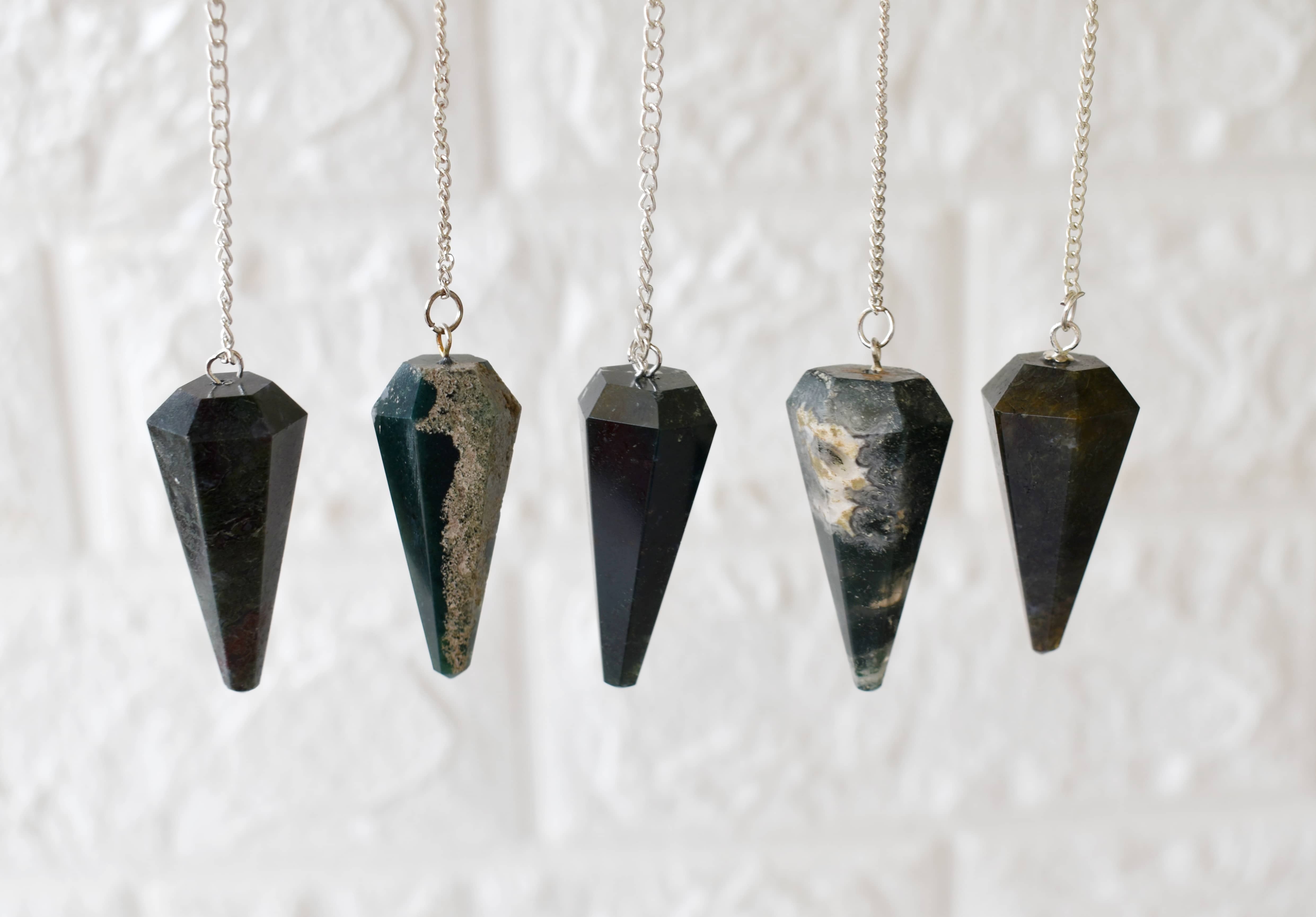 Moss Agate Faceted Cone Reiki Pendulum, Crystal Healing Gemstone