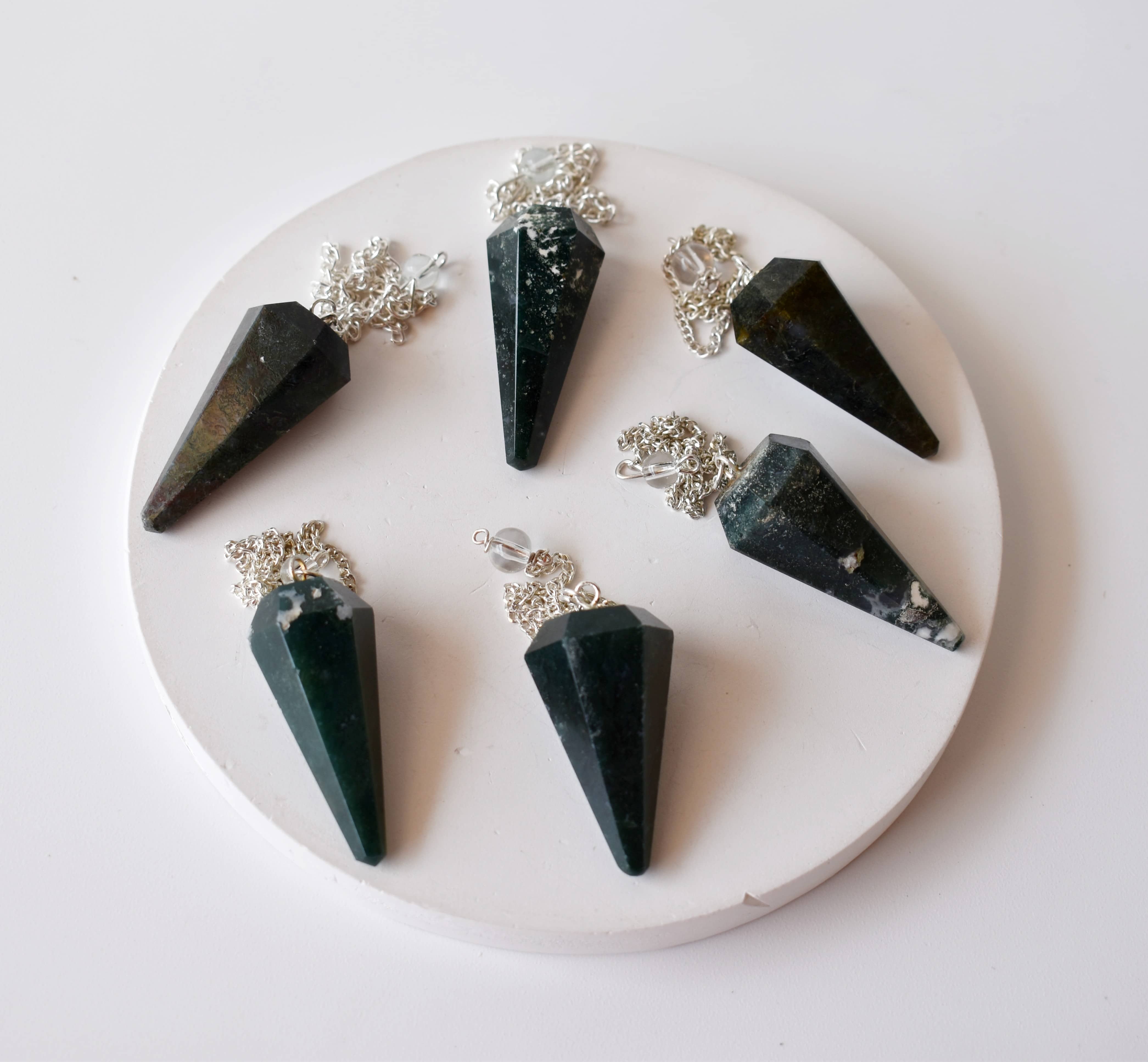 Moss Agate Faceted Cone Reiki Pendulum, Crystal Healing Gemstone