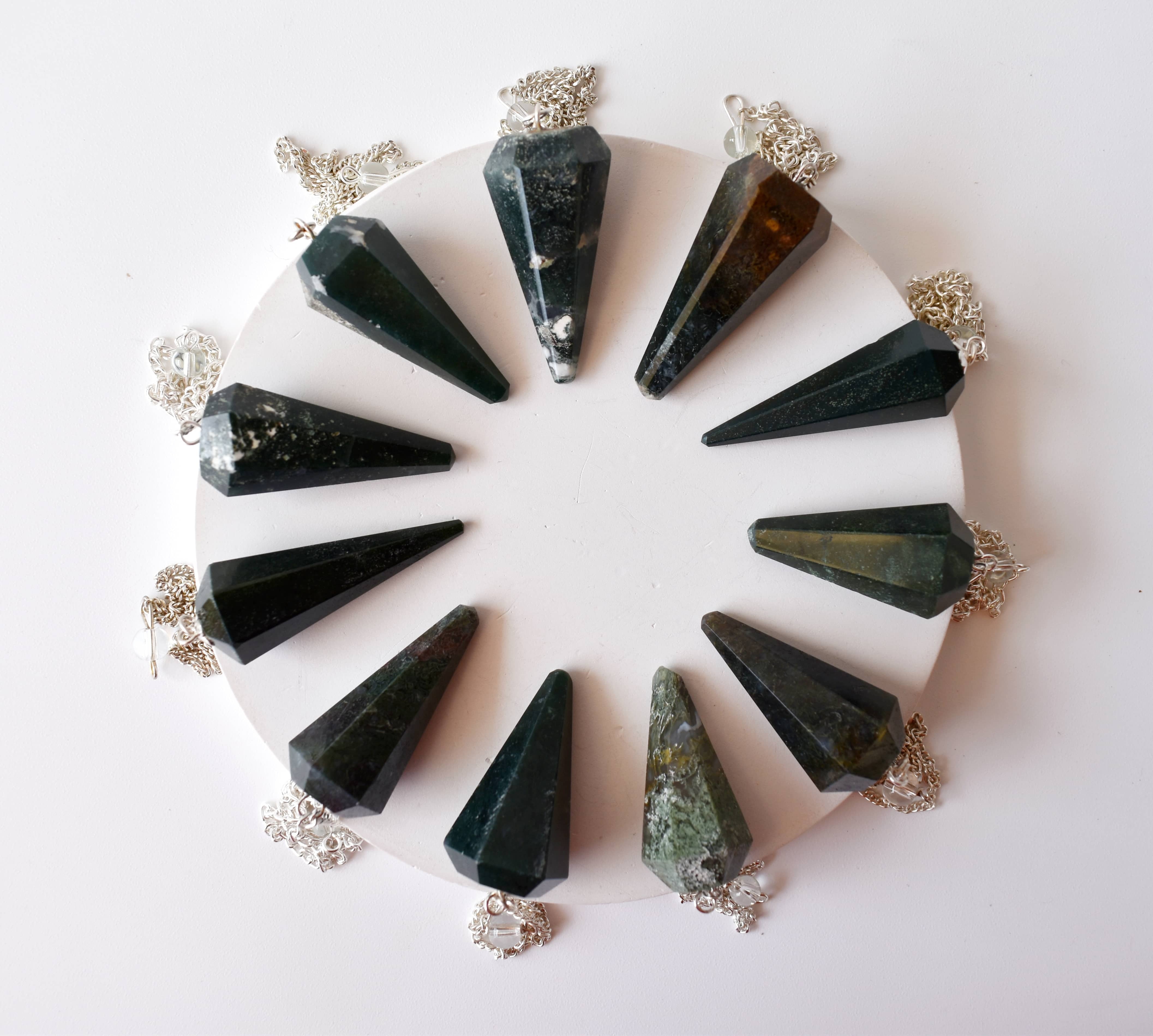 Moss Agate Faceted Cone Reiki Pendulum, Crystal Healing Gemstone