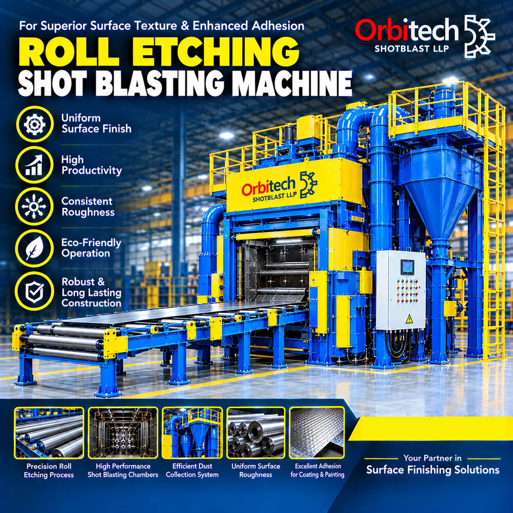 Roll Etching Shot Blasting Machine - Standard Size, Green Color | High-Efficiency Blasting Wheels, Adjustable Blasting Angles and Intensities, Robust Conveyor System, Dedicated Dust Collection System