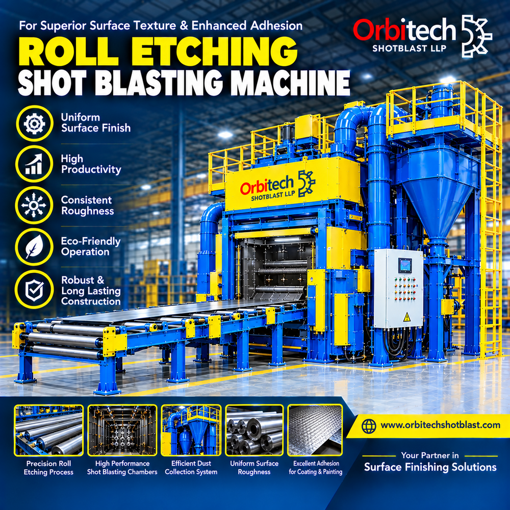 Roll Etching Shot Blasting Machine - Standard Size, Green Color | High-Efficiency Blasting Wheels, Adjustable Blasting Angles and Intensities, Robust Conveyor System, Dedicated Dust Collection System