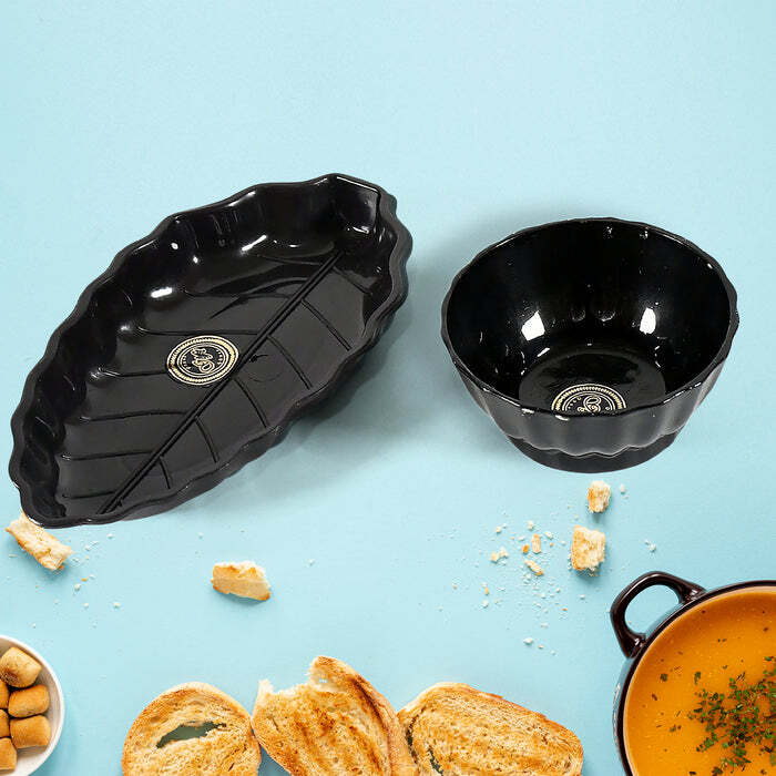 ERTIGA ROUND CERAMIC BOWL WITH PLASTIC LEAF SHAPE SERVING PLATTER