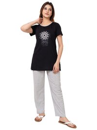 Nightsuits For Women - Cotton Blend Fabric, Short Sleeve, Printed T-shirt And Pyjama Set In Black, Mustard, Olive, Wine, Petrol, C-green, Pink, Sky Colors | Ideal For Sleep And Relaxation