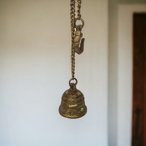 Aakrati Brass Carving Hanging Christmas Bell with Chain and Hook for Door and Worship - Decorative and Religious Gift Purpose - Indian Handmade handicrafts