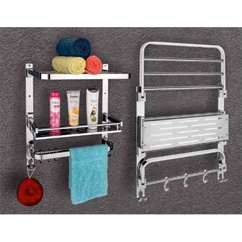 F 3 Rack Ss Folding Multi Purpose 3 Tier Bathroom Rack - Color: Silver