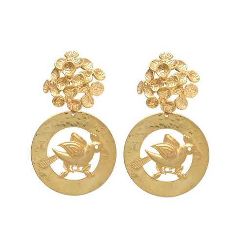 woman gold plated flower and bird earring