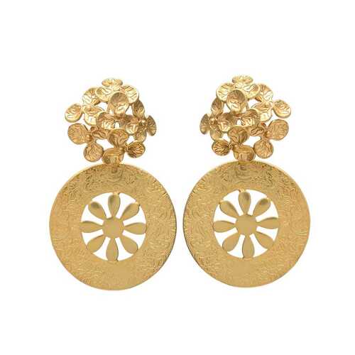 woman gold plated flower and wheel earring