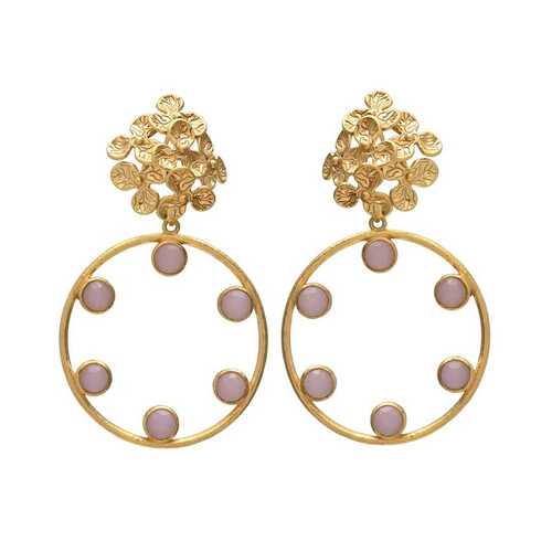 woman round earring with lavender chalcedony gemstone earring