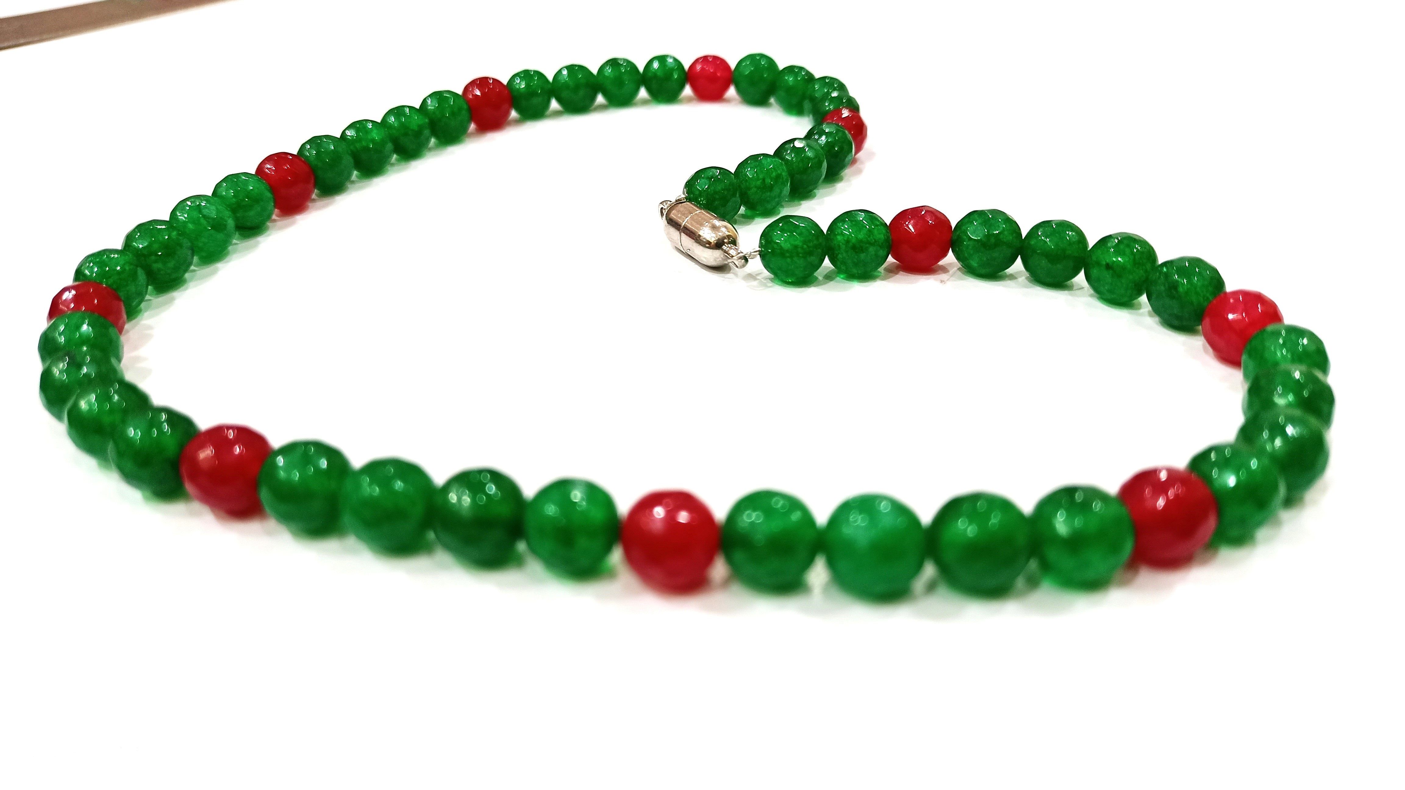 Natural Ruby Emerald Jade Round Faceted 6mm Beaded Necklace Magnetic Clasp