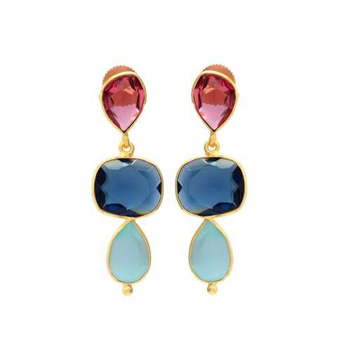 Sparking Aqua chaceldony, pink and sapphire hydra gemstone earrings