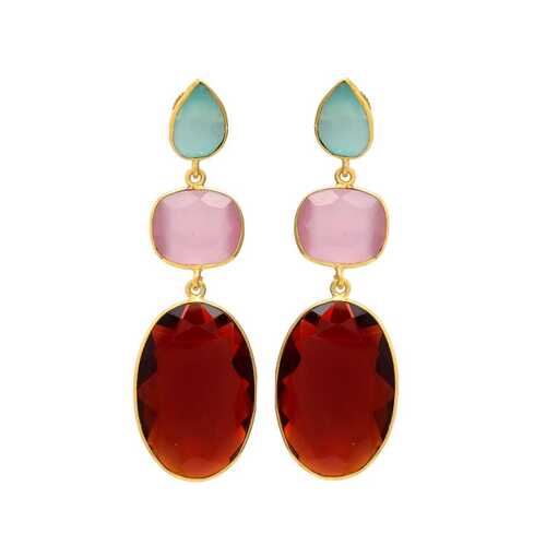 Golden trio of Aqua chaceldony and garnet hydra gemstone earrings