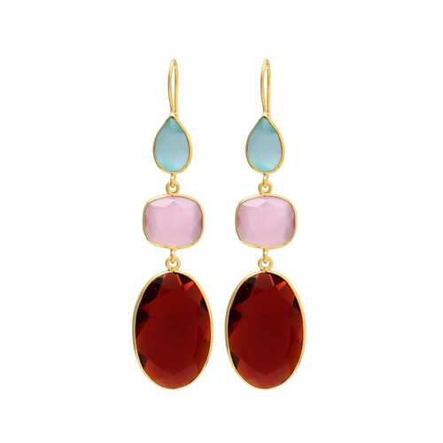 Aqua chaceldony and pink quartz trio hook earrings