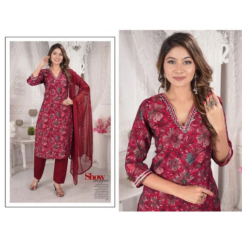 Indian Modal Chanderi Kurti Pant Dupatta Set