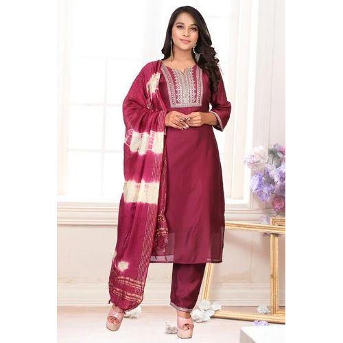 3 Pc Chanderi Silk Ready To Wear Suit