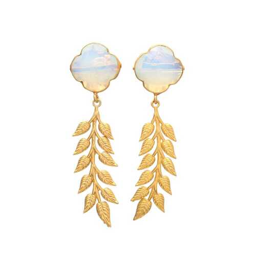 Golden Leaf Dangle Rainbow Moonstone Gemstone Earring