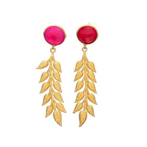 Golden Leaf Dangle Fushia chalcedony Gemstone Earring