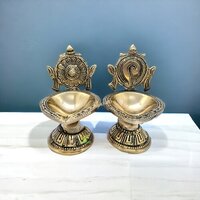 Aakrati Brass Shankh Chakra Diya Lamp| Home Temple Diya| Handmade Metal Oil Lamp| Table Top|pooja Articles (black Antique) - Color: Yellow