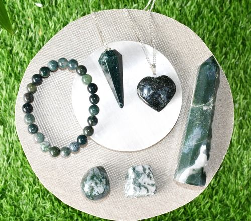 Moss Agate Crystal Gift Set For Emotional Support And Protection, Real Polished Gemstones.