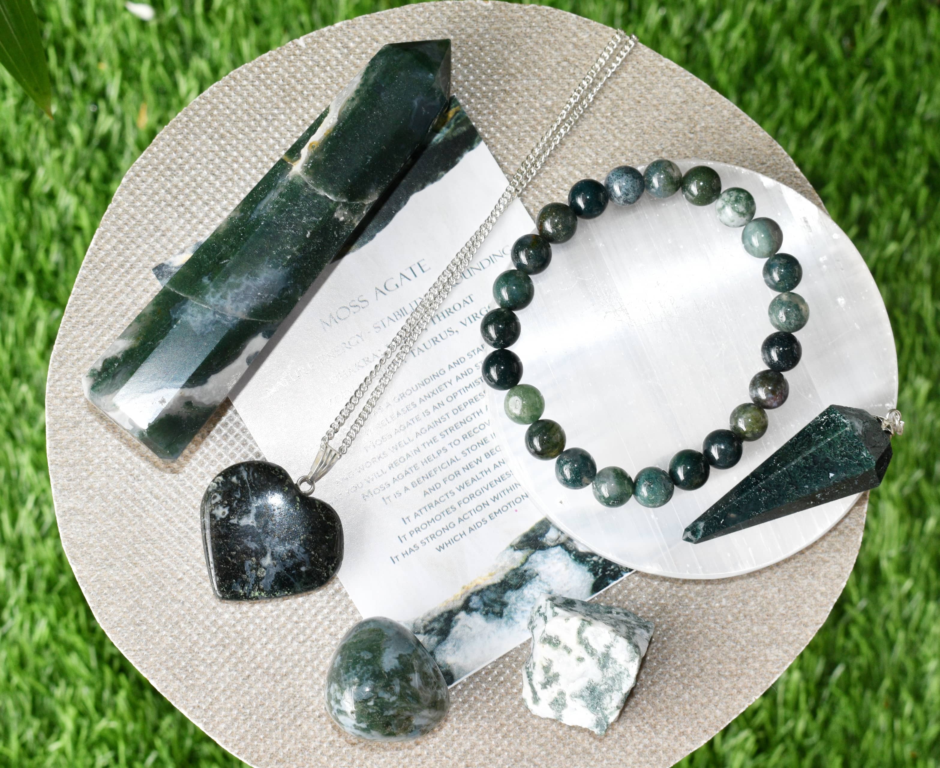 Moss Agate Crystal Gift Set For Emotional Support and Protection, Real Polished Gemstones.