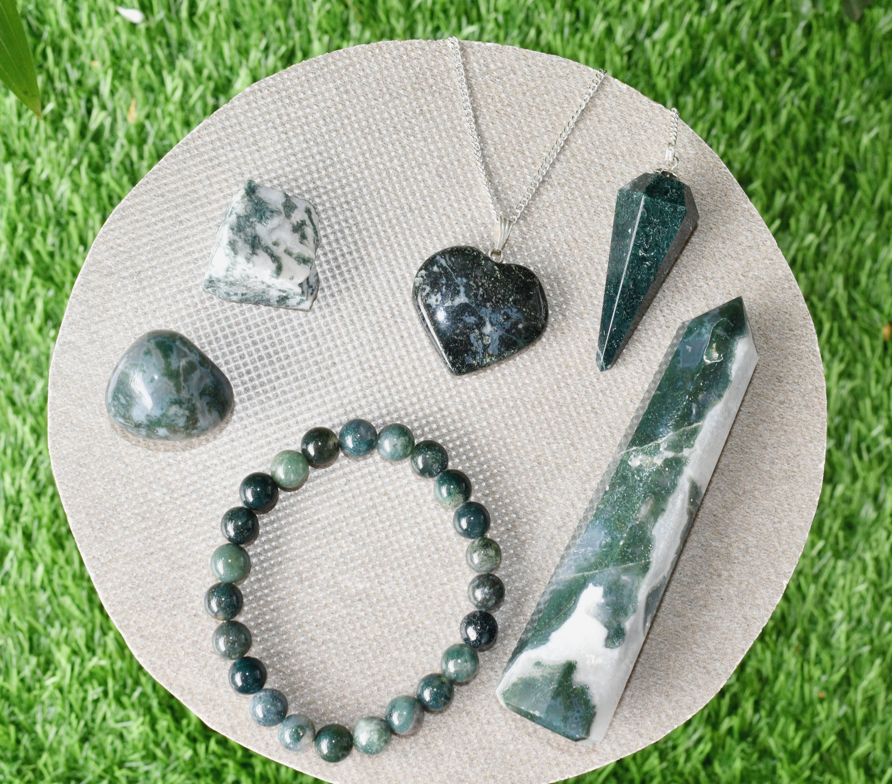 Moss Agate Crystal Gift Set For Emotional Support and Protection, Real Polished Gemstones.