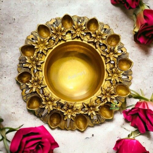 9 Inches Brass Urli Bowl with Lotus Design| Urli for Flowers, Brass Urli for Home Dcor|Traditional Indian Decor Piece| Home Dcor| (Yellow)