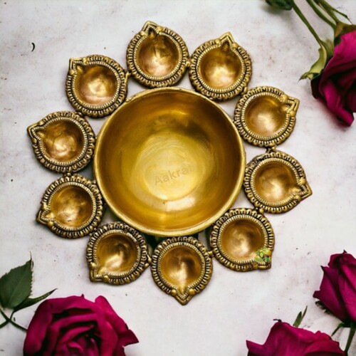 Beautiful Urli with Lotus Diya| Brass Traditional bowl for flower decor| Indian Brass Ceremony Bowl Made In Brass By Aakrati| Ethnic Decorative Showpiece (Yellow)